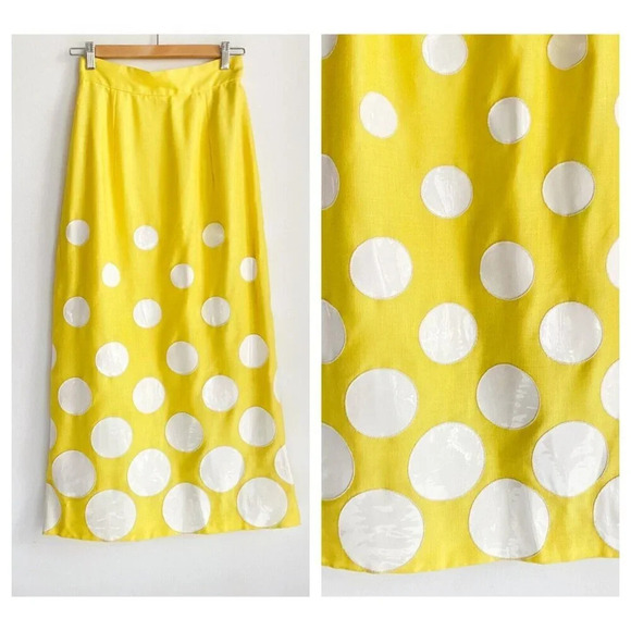 Vintage Yellow Vinyl Circle Print Midi Skirt With High Slit S - Picture 1 of 7